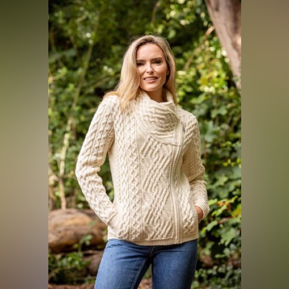 Aran Crafts Sweaters - Aran Crafts Ireland Shannon 100% Merino Wool Zip Up Pockets Cream Size XL NWOT
